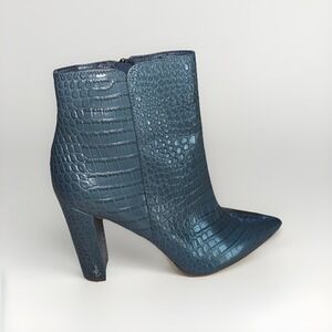 Sam Edelman Raelle Grey Croco Emboss Block Heel Pointed Toe Leather Boot SZ 8.5